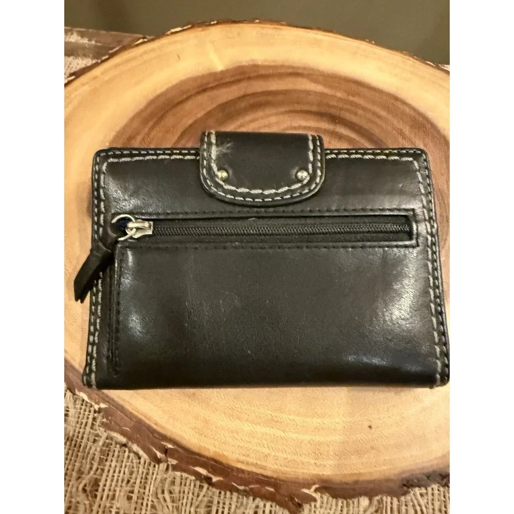 Vintage Coach Black Leather Bifold Wallet Hampton Turnlock Contrast White Stitch
